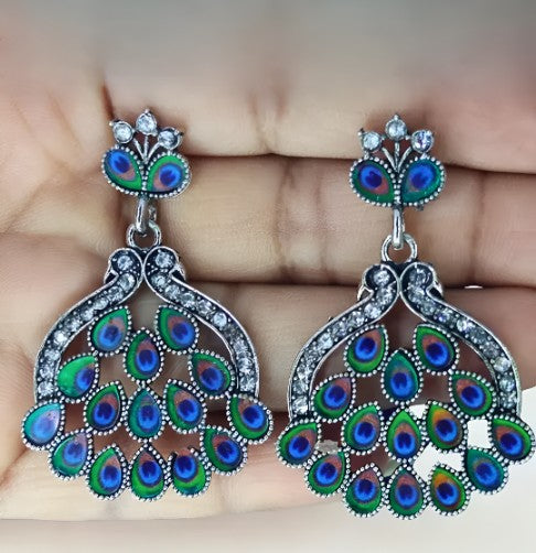 PECOCK DESIGN OXIDISED JHUMKA EARRINGS, PERFECT FOR SAREE KURTI AND LEHENGA, PARTY OR DAILY WEAR.